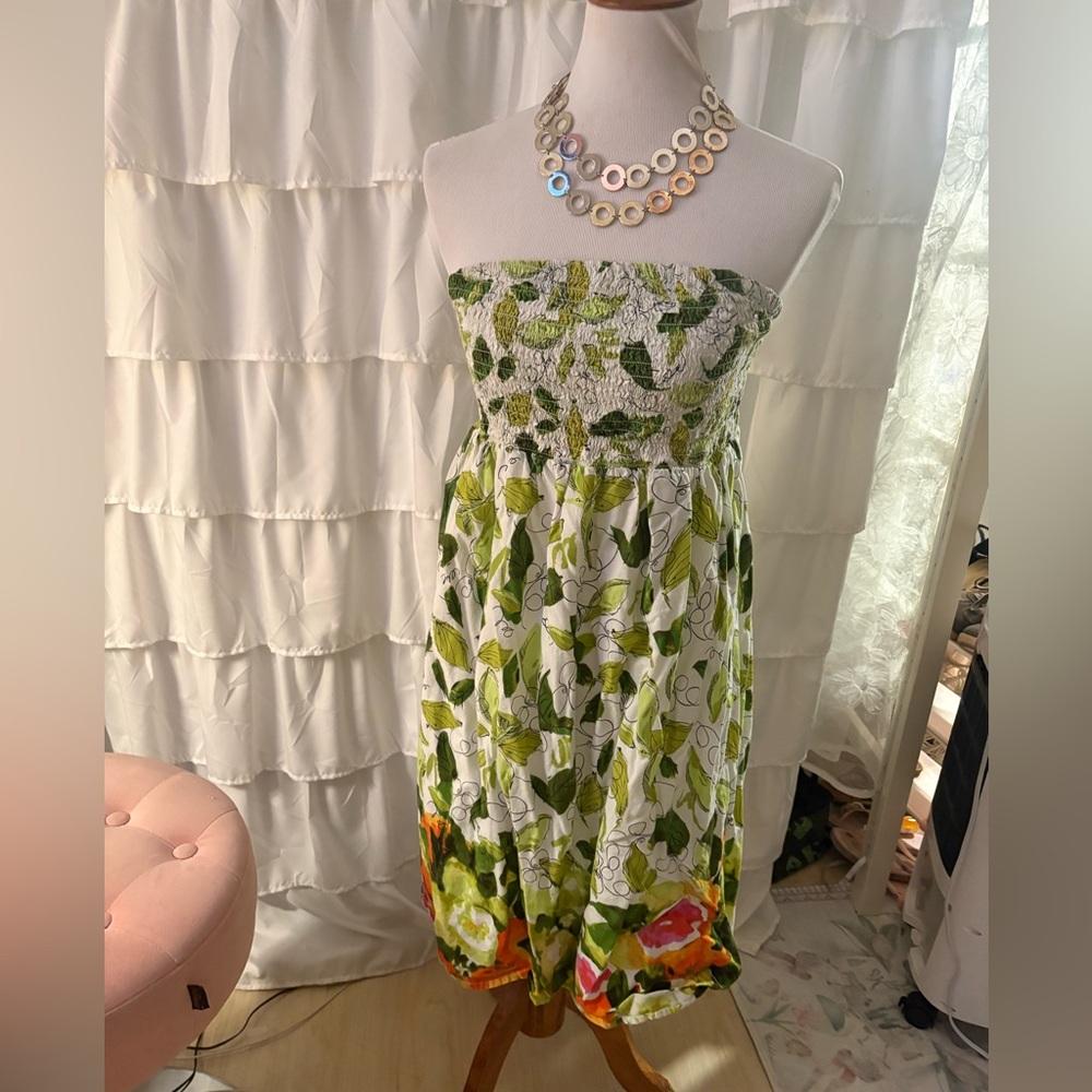 Lane Bryant Strapless Leaf & Floral Sundress in Green and Orange Accents